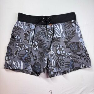 Vtg‎ OOBE Boardshorts Womens S / 6 Gray Floral Nylon Retro Surf Beach Watersport